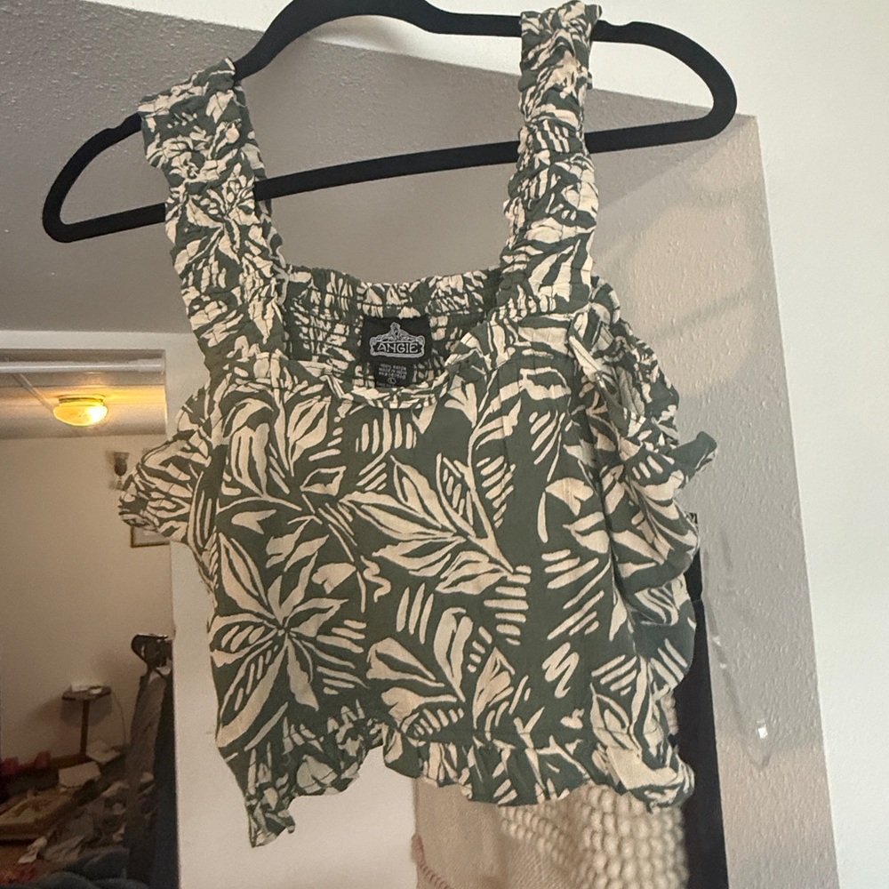 NWT Angie Green and White Ruffled Smocked Tank Top